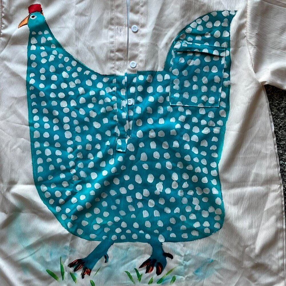 Blue Chicken Polka Dots Button-up Shirt Womens XL Spring Eclectic Grandma Retro - Picture 2 of 6